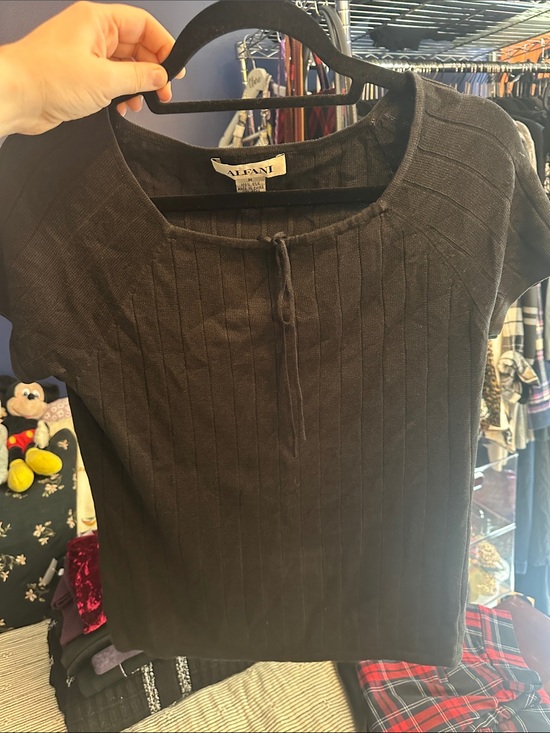 Alfani Tops - Alfani 100% Silk Black Ribbed Short-Sleeve Top with Front Tie